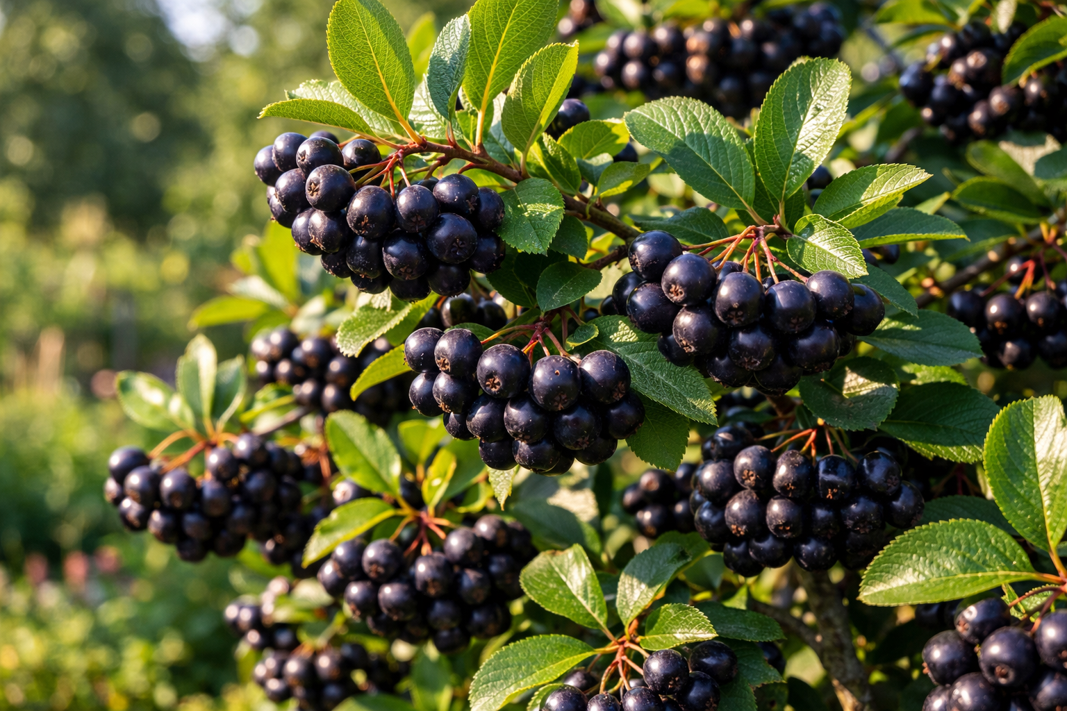 Aronia Strauch mit reifen dunklen Beeren im Garten